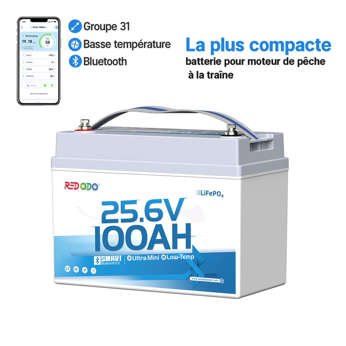 Redodo 24V 100Ah LiFePO4 Ultra Mini Batterie avec Bluetooth pour bateaux