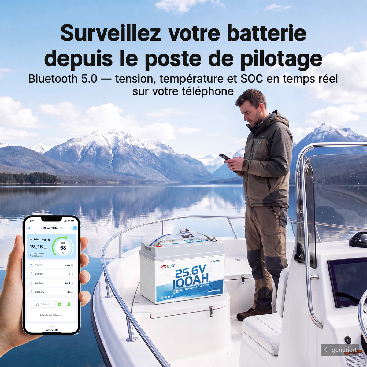 Redodo 24V 100Ah LiFePO4 Ultra Mini Batterie avec Bluetooth pour bateaux