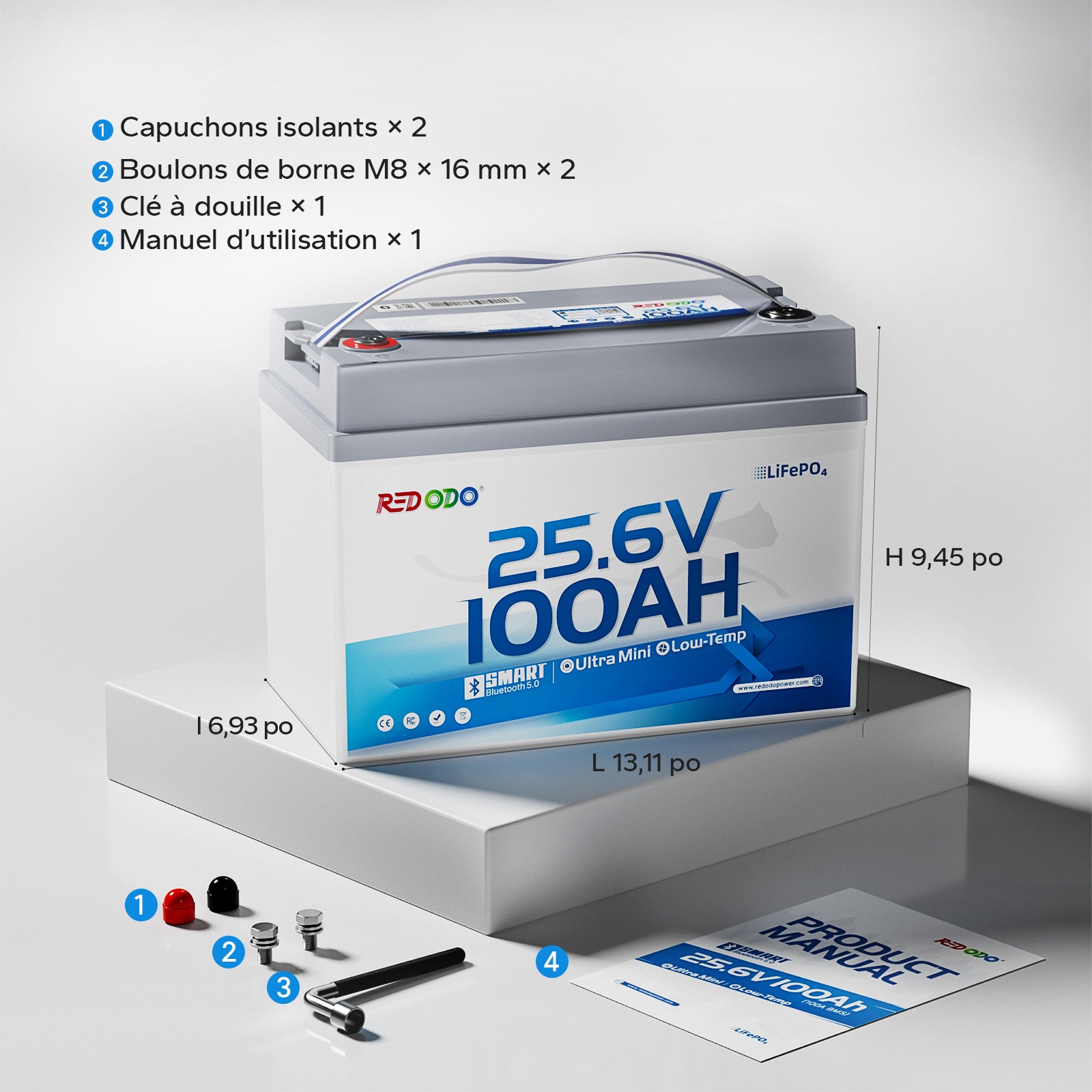 Redodo 24V 100Ah LiFePO4 Ultra Mini Batterie avec Bluetooth pour bateaux
