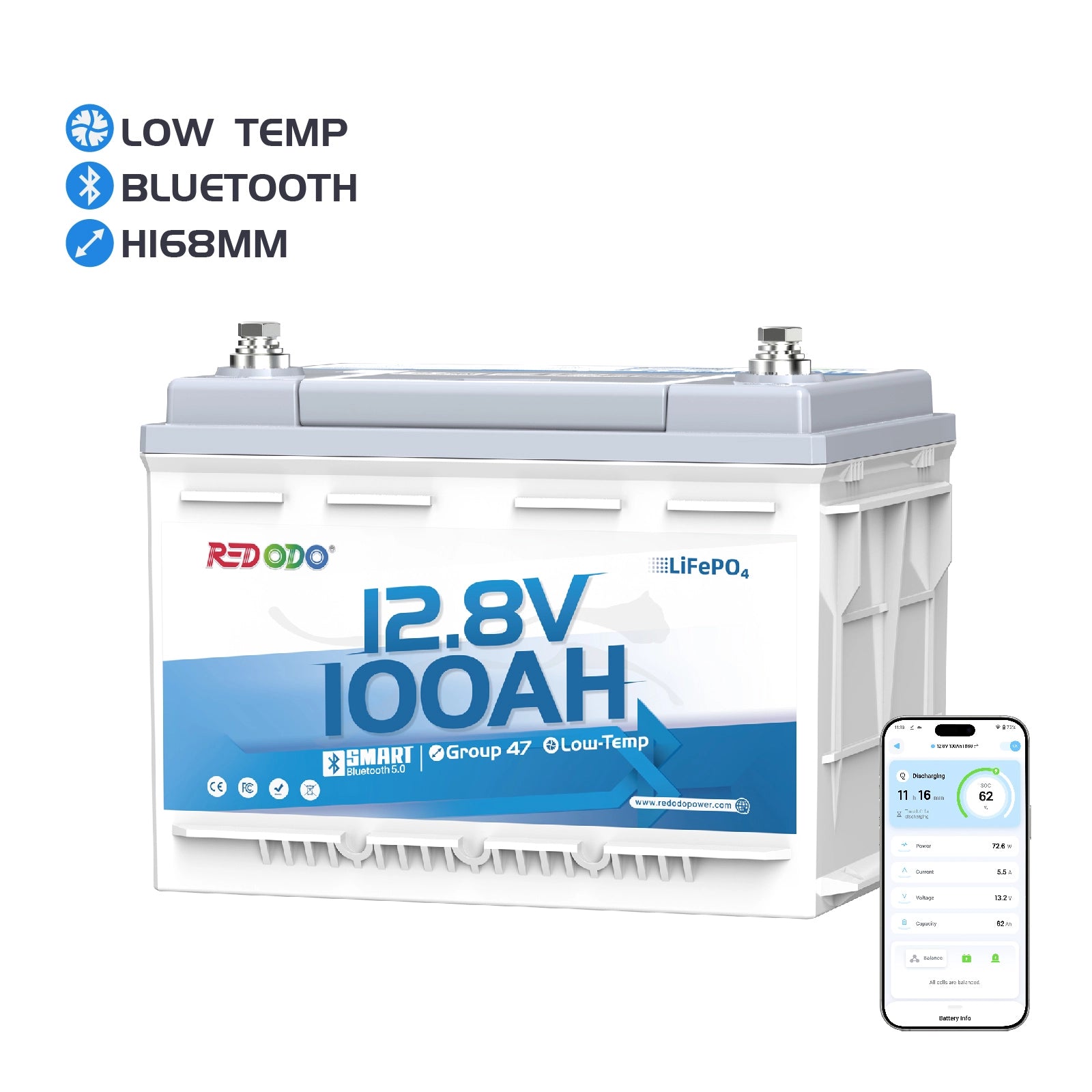 Redodo 12V 100Ah H168 – Batterie LiFePO4 Bluetooth sous siège pour camping-car 【Early Bird Code: H168new】】