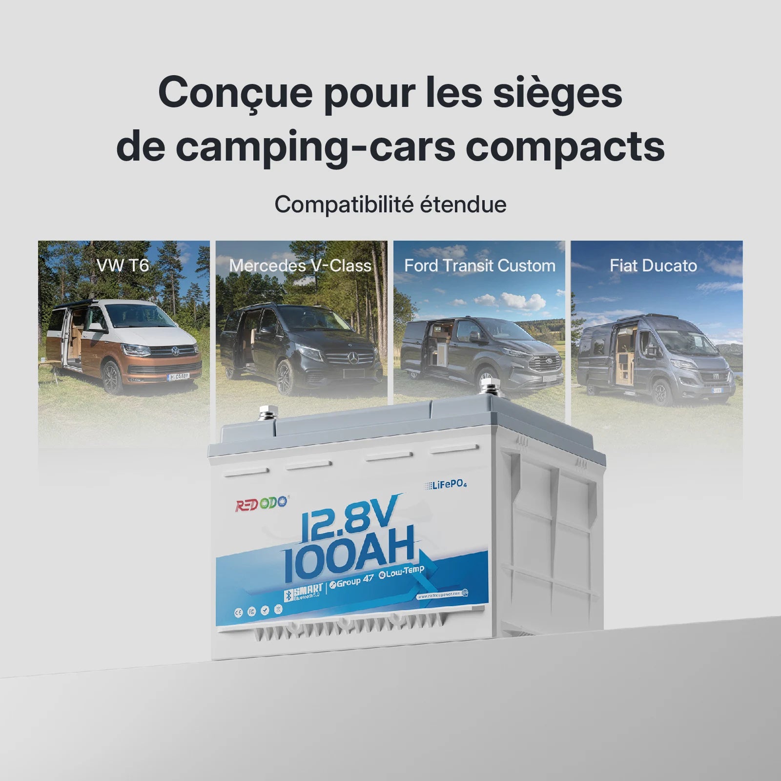 Redodo 12V 100Ah H168 – Batterie LiFePO4 Bluetooth sous siège pour camping-car 【Early Bird Code: H168new】】