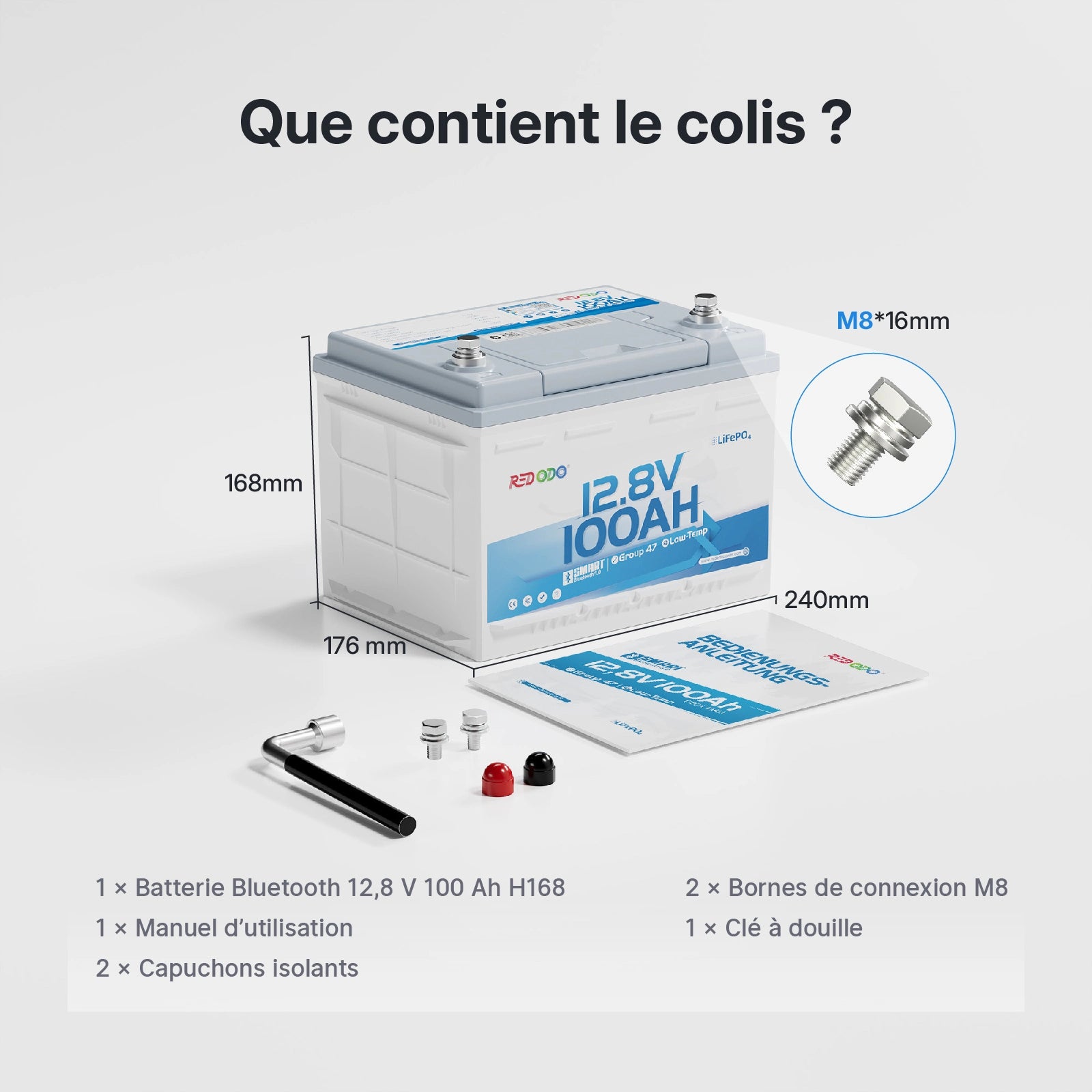 Redodo 12V 100Ah H168 – Batterie LiFePO4 Bluetooth sous siège pour camping-car 【Early Bird Code: H168new】】