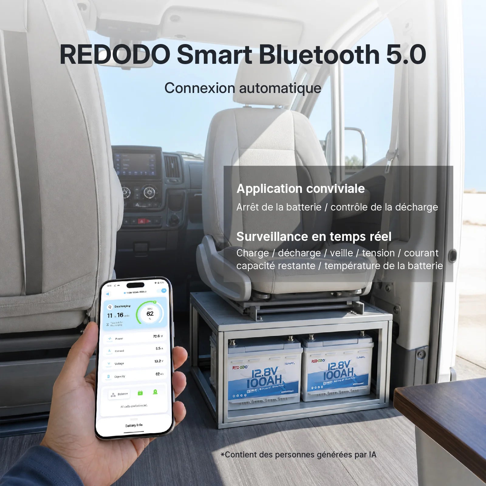 Redodo 12V 100Ah H168 – Batterie LiFePO4 Bluetooth sous siège pour camping-car 【Early Bird Code: H168new】】