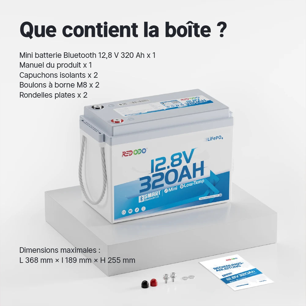 Redodo 12V 320Ah W190 BMS 200A Bluetooth 4096Wh Batterie Lithium LiFePO4  - sous le siège du camping-car