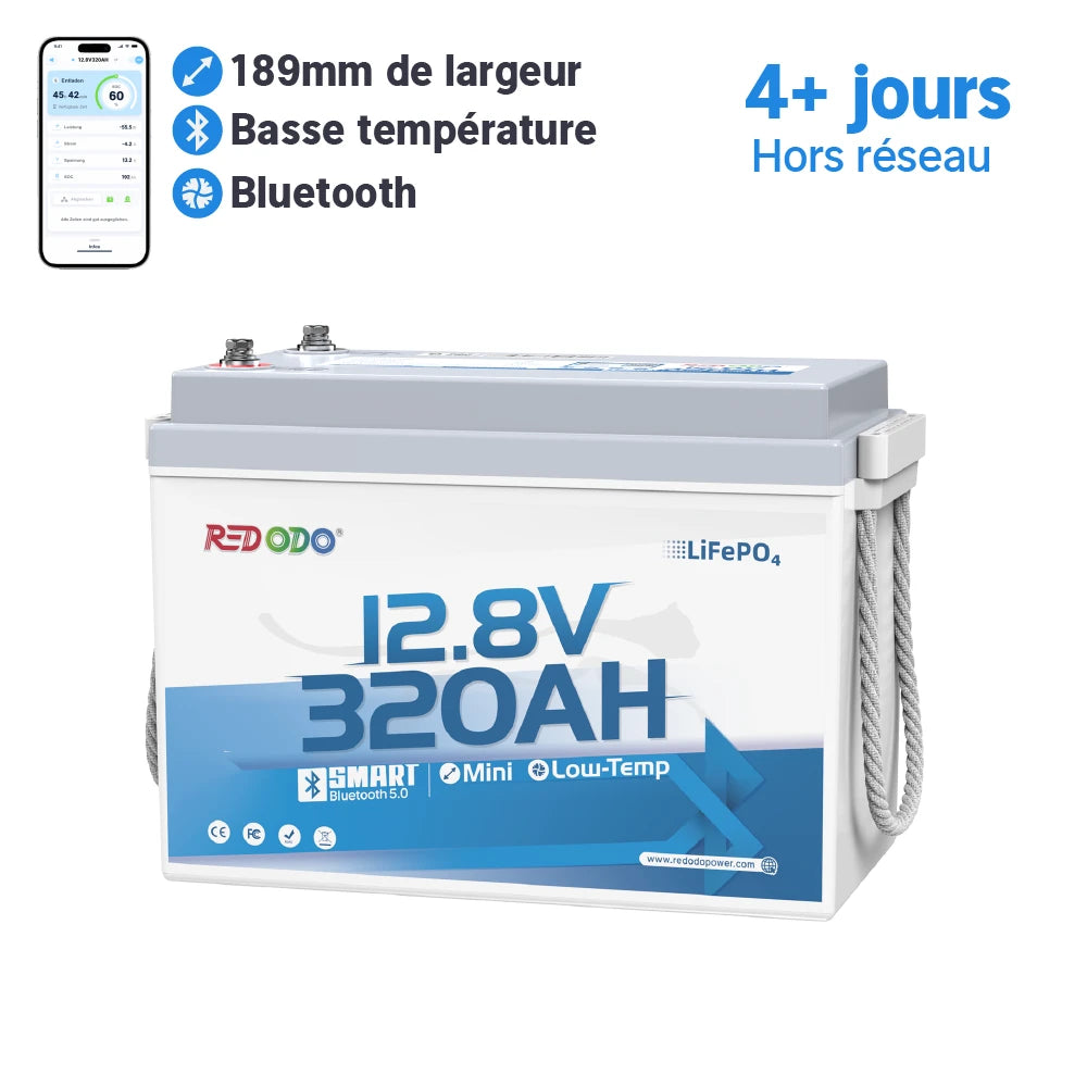Redodo 12V 320Ah W190 BMS 200A Bluetooth 4096Wh Batterie Lithium LiFePO4  - sous le siège du camping-car
