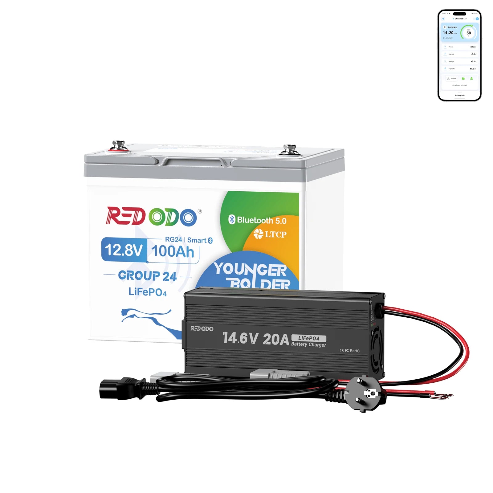 Redodo Batterie Lithium LiFePO4 12V 100Ah Mini Bluetooth - Prot. basse temp. - Petite taille | batterie pour moteur électrique, camping-car, panneau solaire