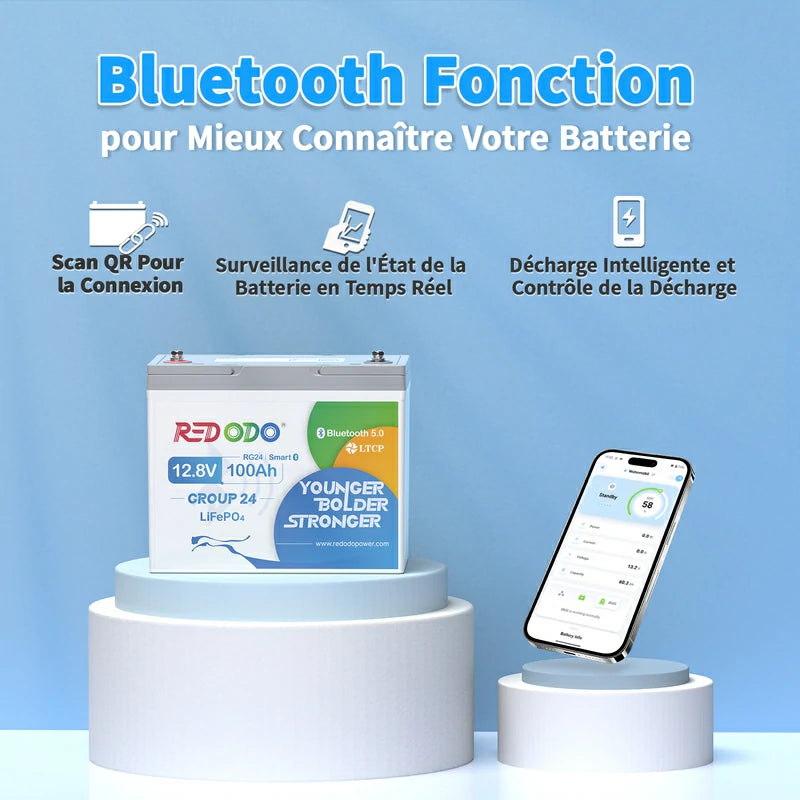 Redodo Batterie Lithium LiFePO4 12V 100Ah Mini Bluetooth - Prot. basse temp. - Petite taille