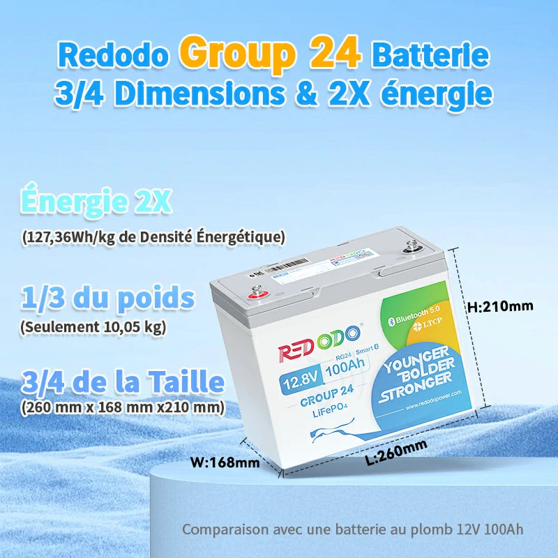 Redodo Batterie Lithium LiFePO4 12V 100Ah Mini Bluetooth - Prot. basse temp. - Petite taille