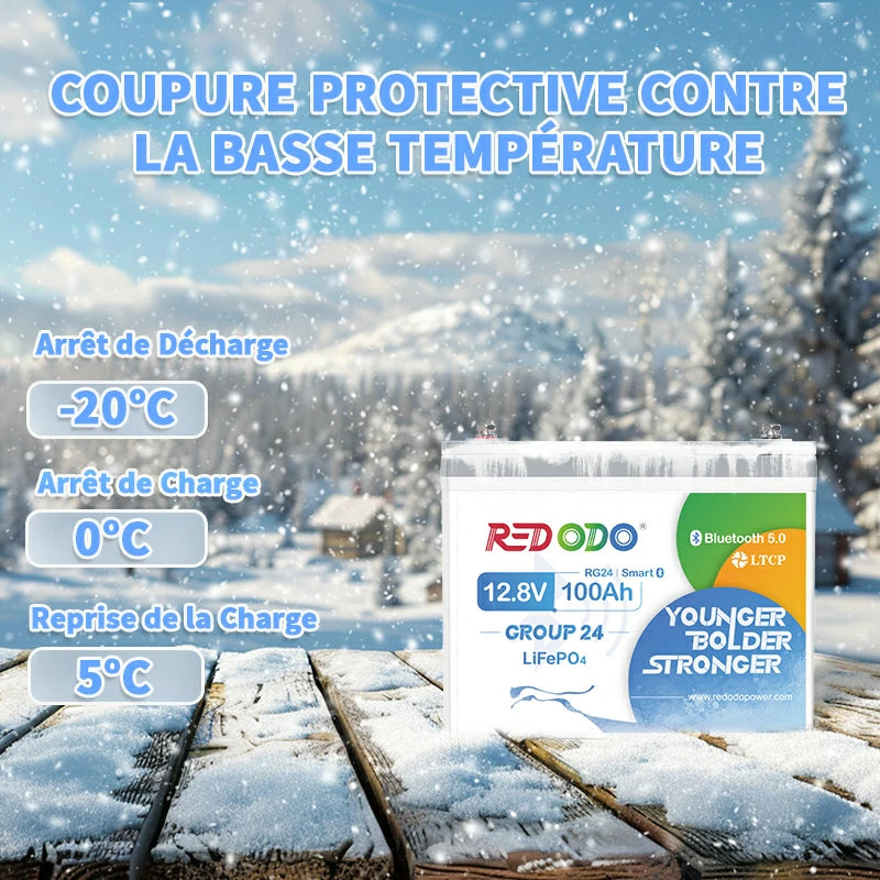 Redodo Batterie Lithium LiFePO4 12V 100Ah Mini Bluetooth - Prot. basse temp. - Petite taille