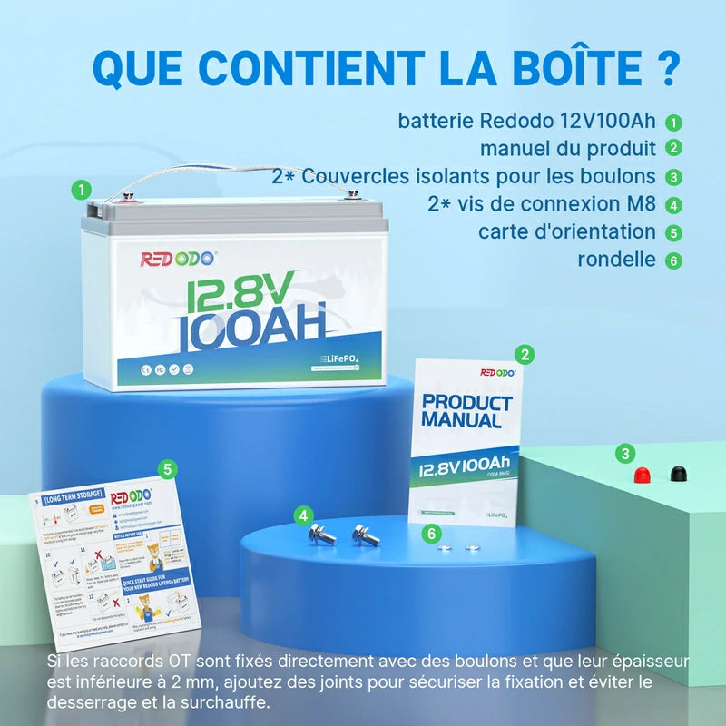 Redodo Batterie Lithium LiFePO4 12V 100Ah - Batterie Solaire，Cellule de Qualité EV