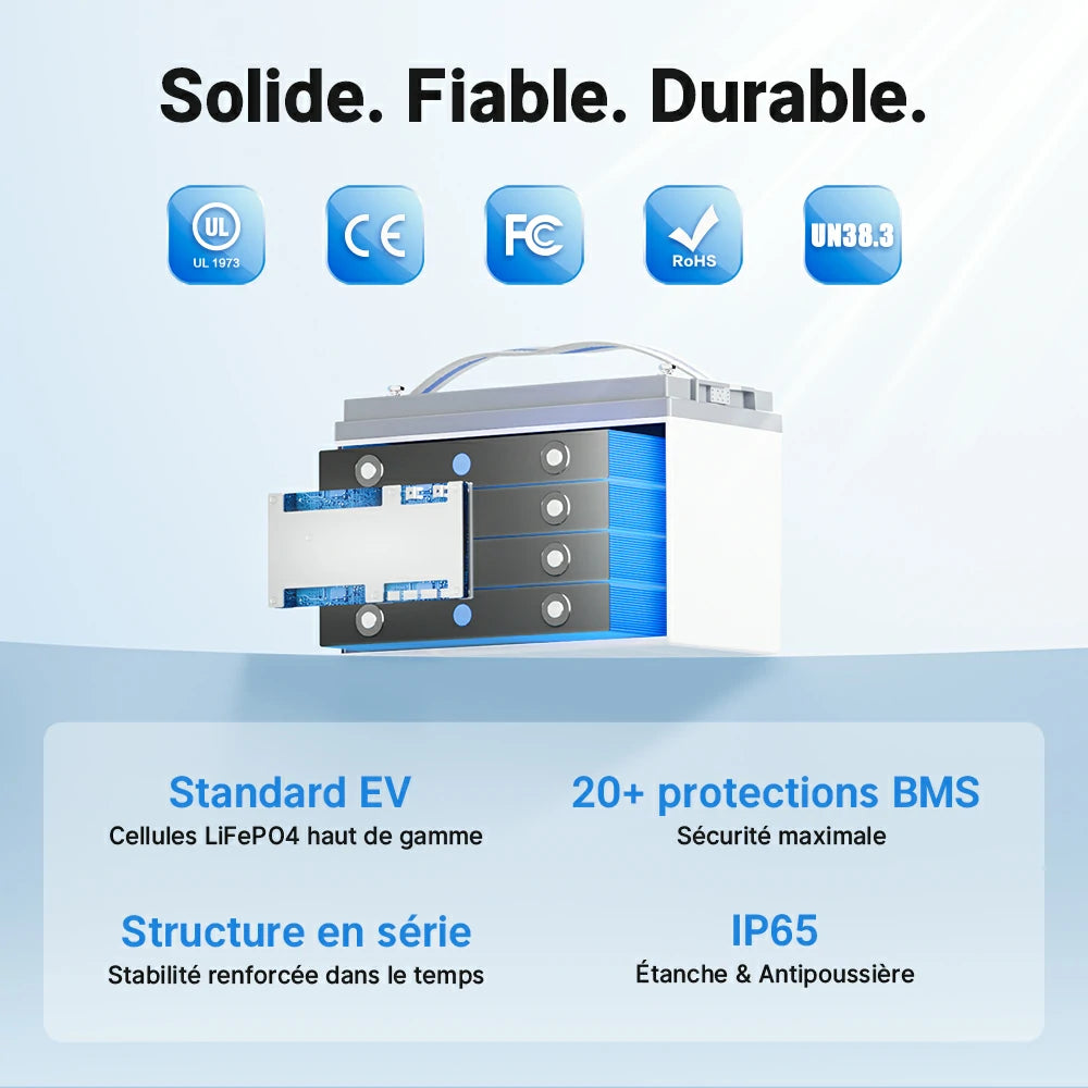 Batterie 12V 165Ah avec cellules LiFePO4, protections BMS multiples et certifications de sécurité internationales
