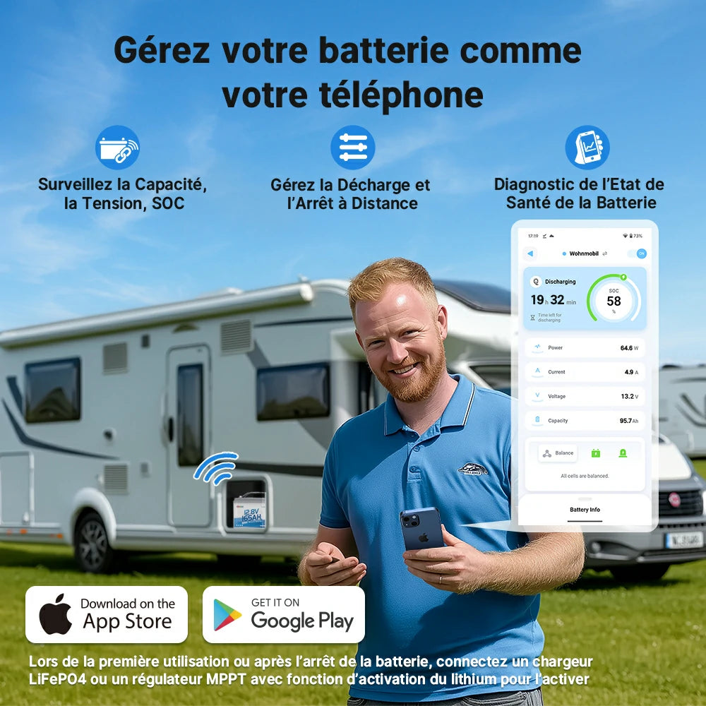 Gestion intelligente de la batterie 165Ah via Bluetooth, avec contrôle de la tension, de la capacité et de l’état à distance