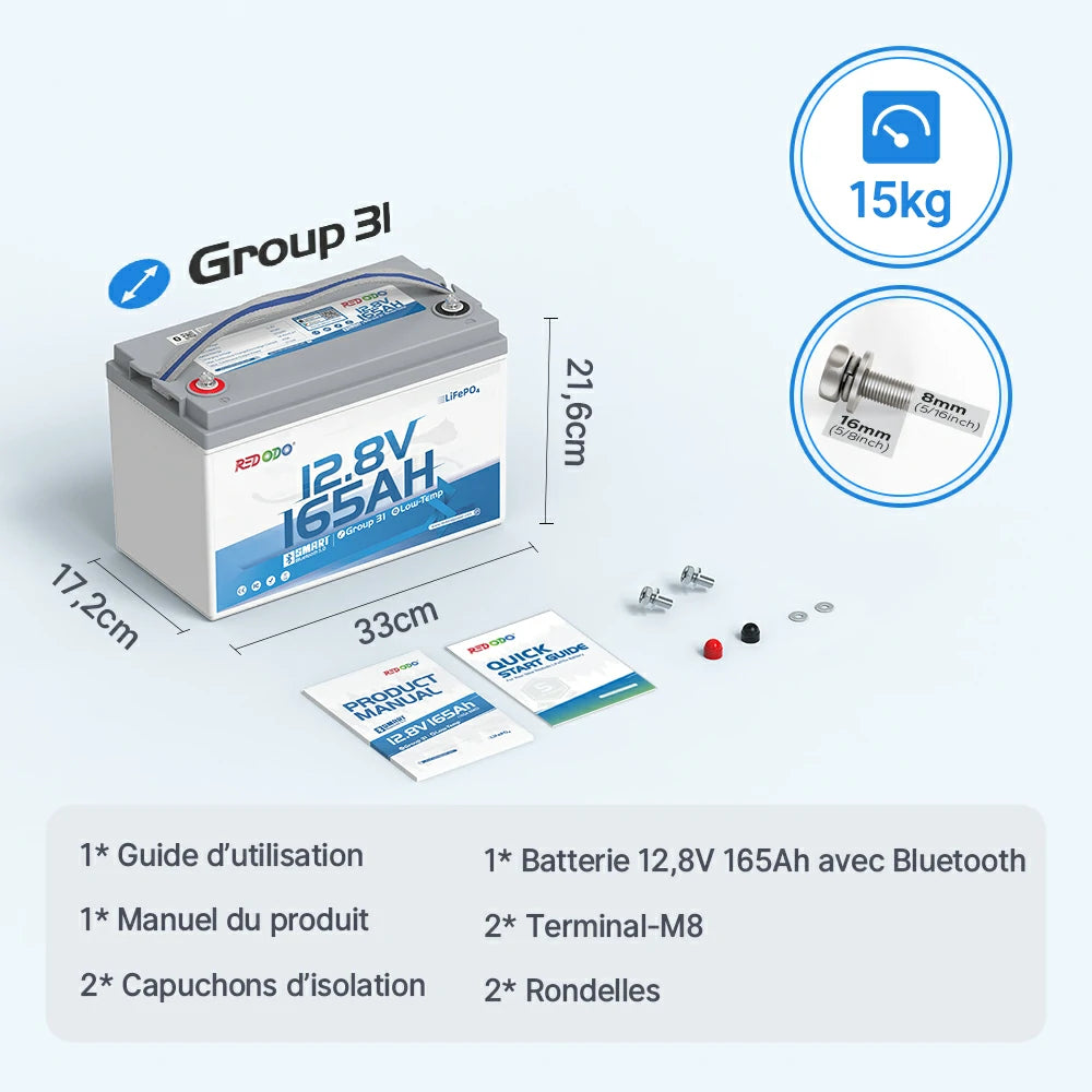 Batterie 12V 165Ah Bluetooth avec dimensions compactes et accessoires complets pour une installation facile