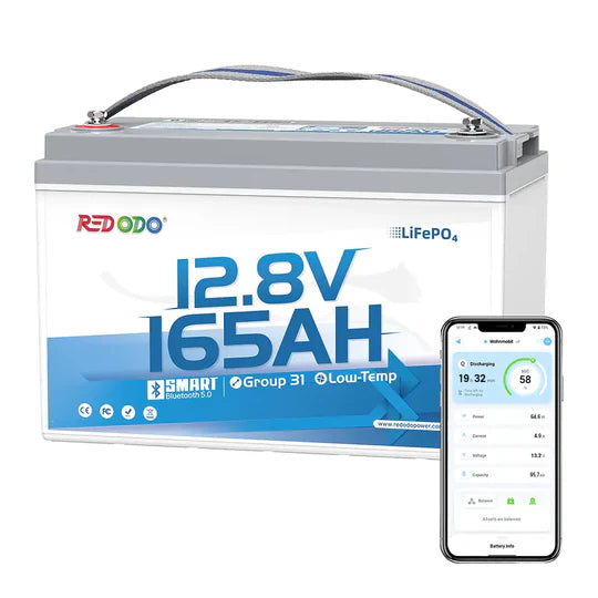 Batterie Redodo 12V 165Ah LiFePO4 avec fonction Bluetooth pour surveillance à distance via application mobile