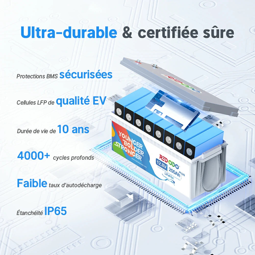 Batterie Redodo 12V 200Ah Plus avec cellules LiFePO4 de qualité EV, 4000+ cycles, durée de vie de 10 ans, BMS 200A sécurisé et étanchéité IP65