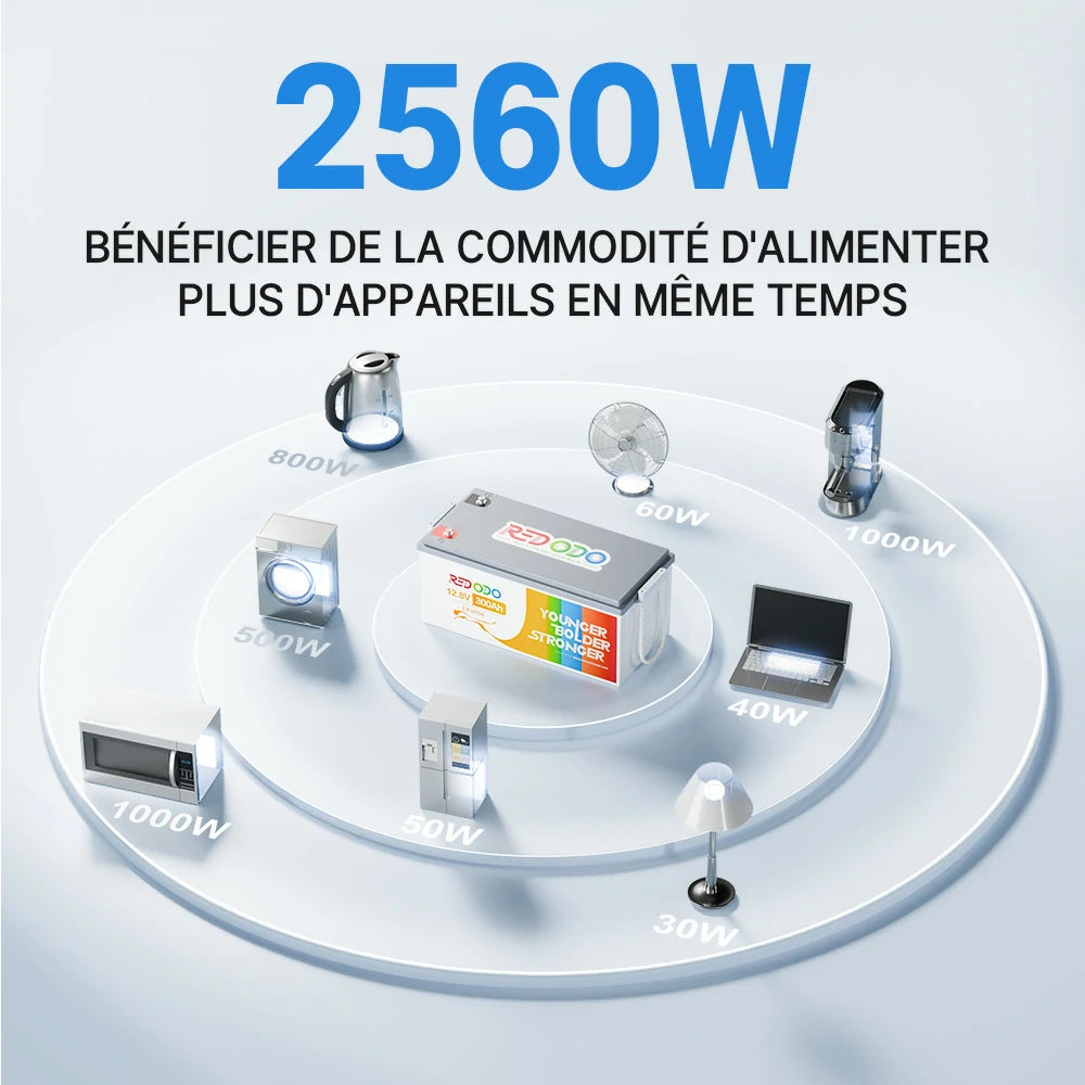 batterie 12V 300Ah Redodo alimente plusieurs appareils en même temps jusqu'à 2560W