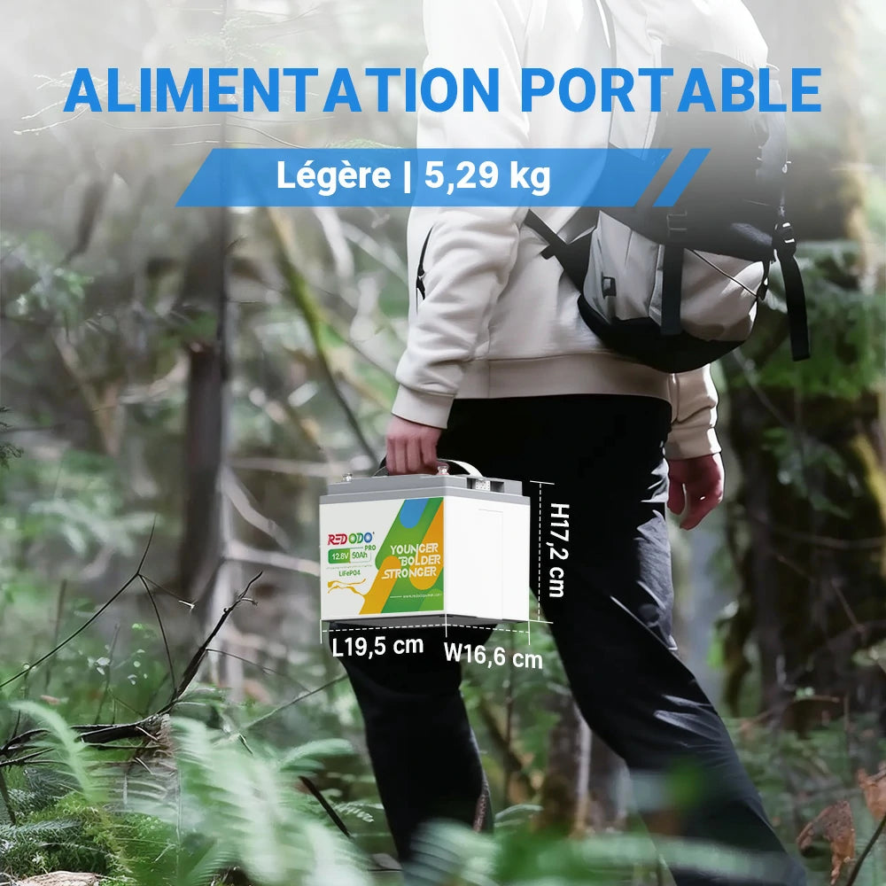 Batterie lithium Redodo 12V 50Ah légère de 5,29 kg pour alimentation portable en extérieur