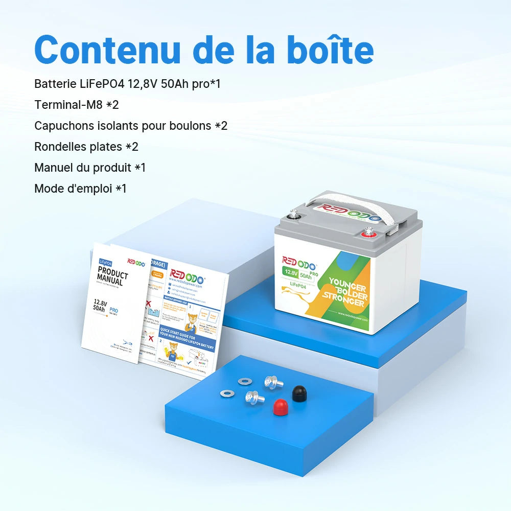 Contenu de la boîte de la batterie Redodo 12V 50Ah : bornes M8, accessoires et manuel