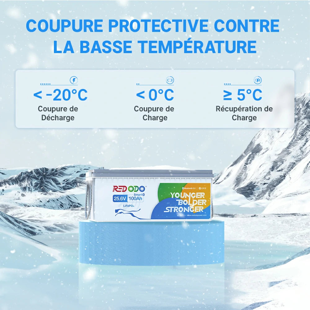 Protection basse température de la batterie Redodo 24V 100Ah Bluetooth : arrêt de charge/décharge automatique selon la température