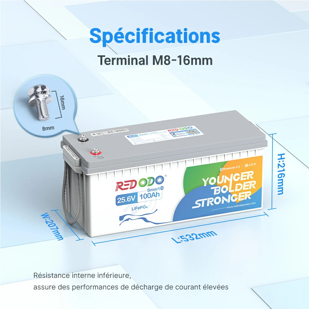 Dimensions de la batterie lithium Redodo 24V 100Ah Bluetooth : 532x207x216 mm, bornes M8-16mm, faible résistance interne