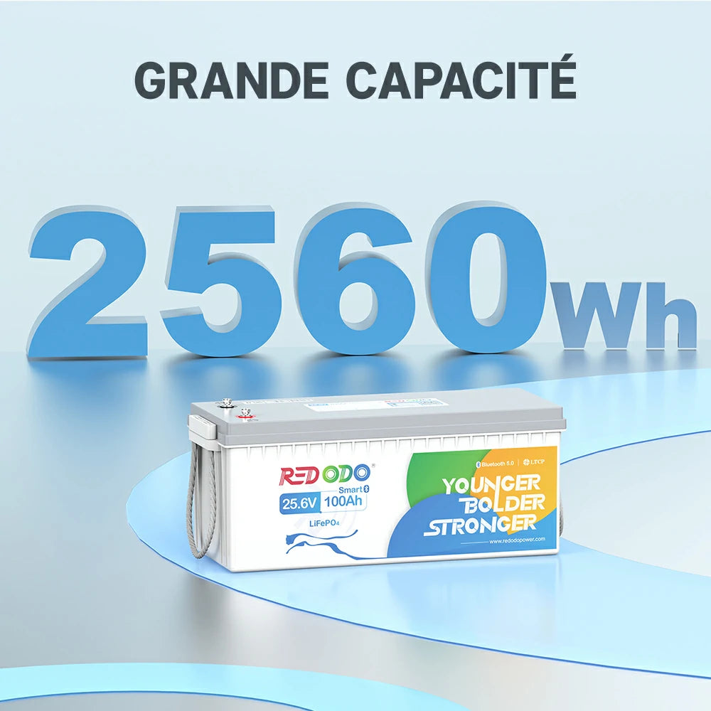 Batterie Redodo 24V 100Ah Bluetooth avec capacité de 2560Wh, idéale pour système solaire, bateau ou maison autonome