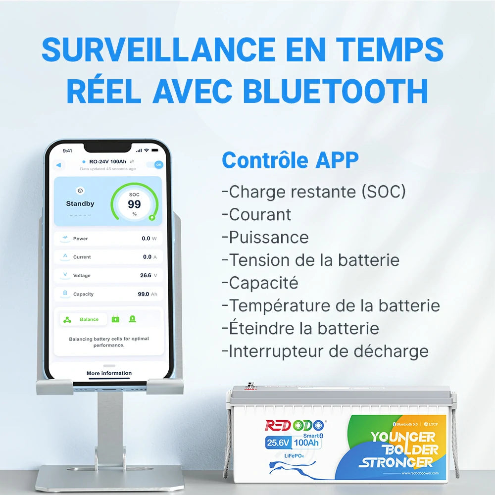 Batterie Redodo 24V 100Ah avec Bluetooth 5.0 : contrôle via application mobile de la charge, tension, courant, capacité et température