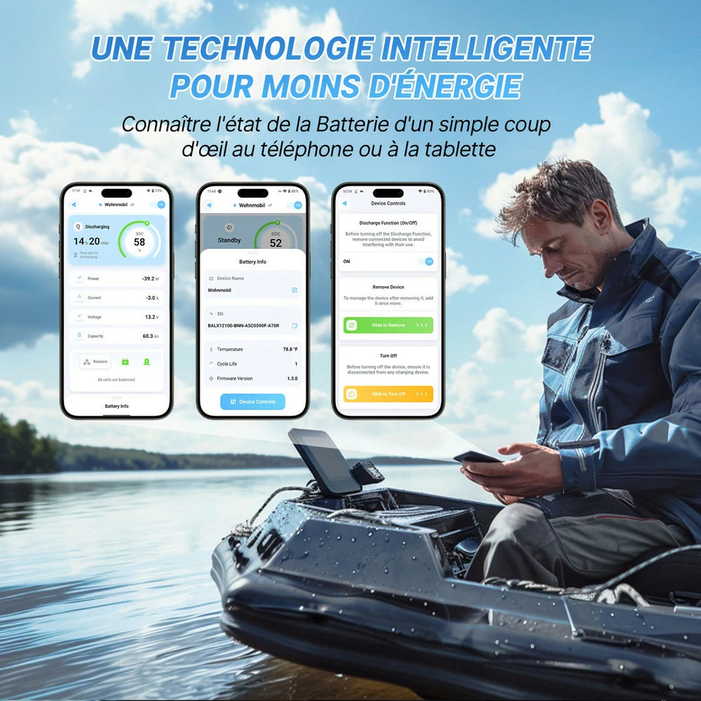 R12V50-50-TM-BT-4-A38-FR,Contrôle intelligent de la batterie Redodo 12V 50Ah via application mobile, parfait pour pêcheurs