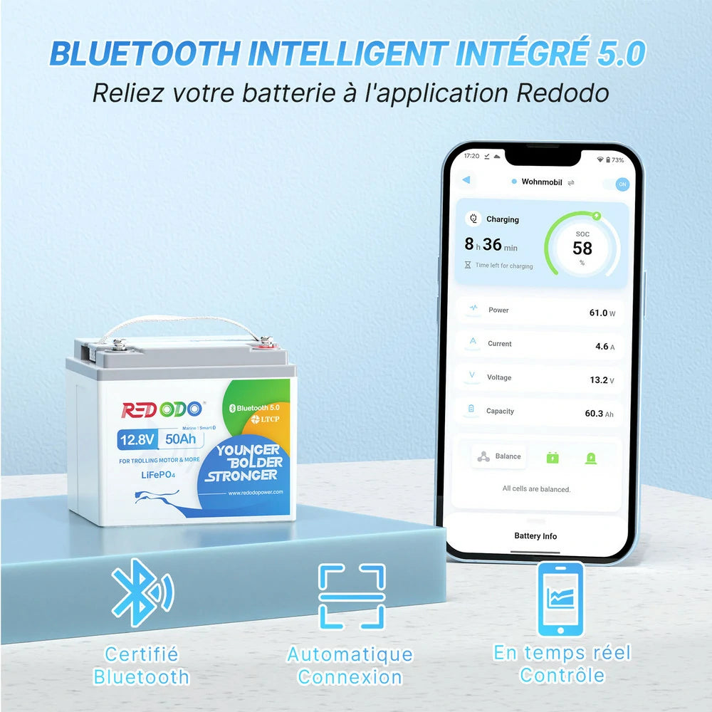 R12V50-50-TM-BT-4-A38-FR,Batterie Redodo 12V 50Ah avec Bluetooth intégré, suivi en temps réel via l'application