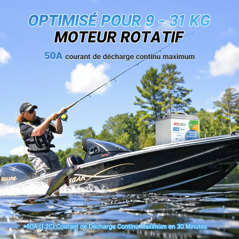 R12V50-50-TM-BT-4-A38-FR,Batterie Redodo 50Ah optimisée pour moteur de pêche à la traîne de 9 à 31 kg, décharge continue 50A