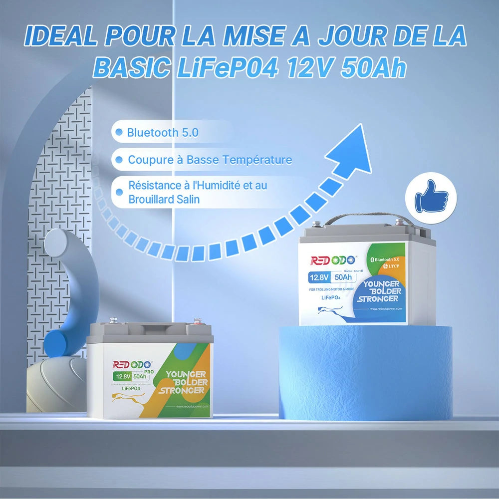 R12V50-50-TM-BT-4-A38-FR,Batterie Redodo 12V 50Ah LiFePO4 avec Bluetooth 5.0, idéale pour remplacer la version standard, avec protection contre le froid et l'humidité